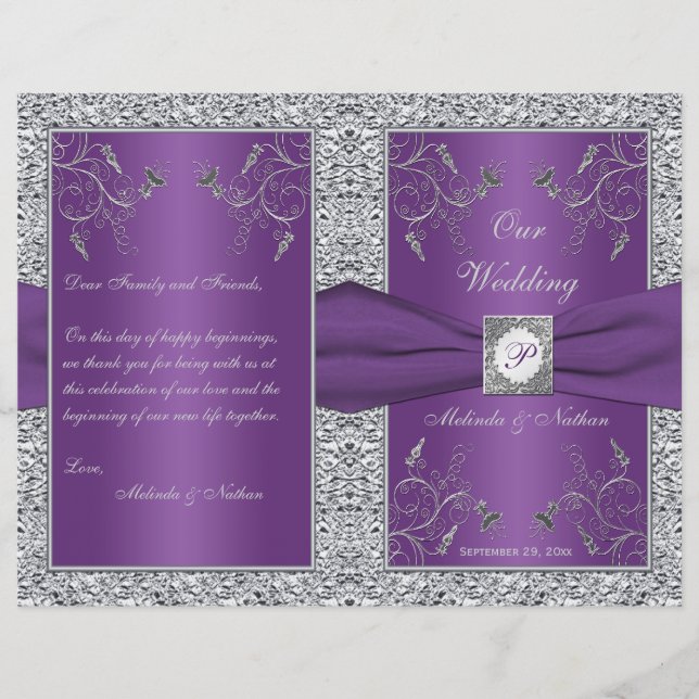 Monogram Purple and Silver Floral Wedding Program (Front)