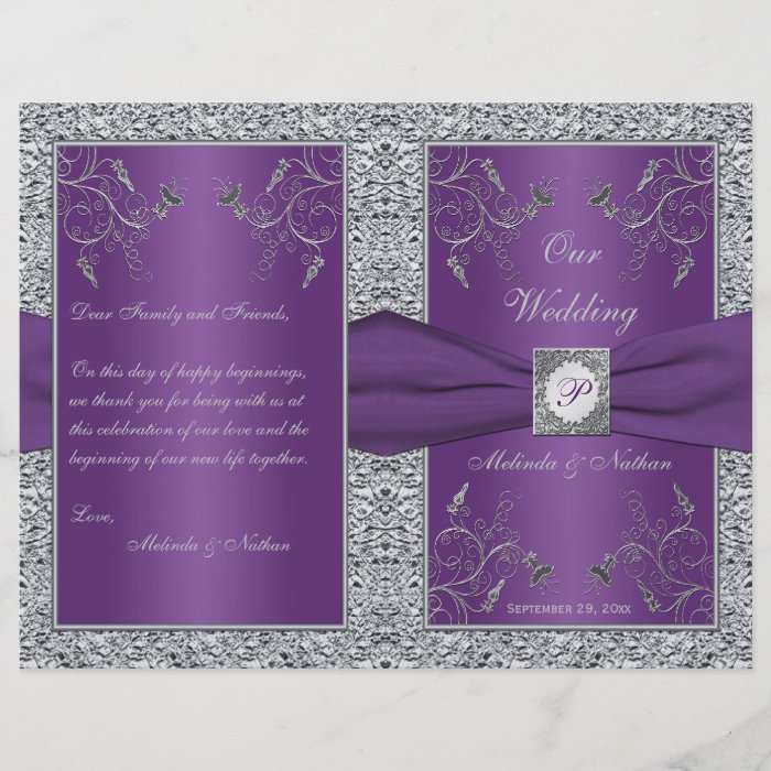 Monogram Purple and Silver Floral Wedding Program Flyer Design