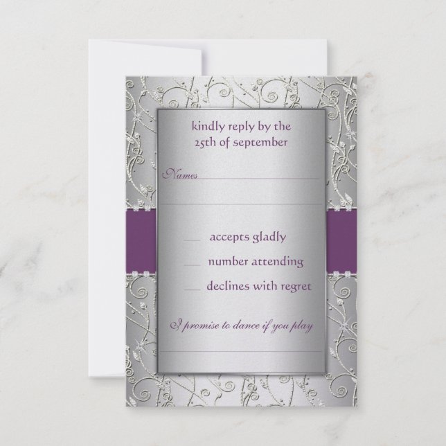 Monogram Purple and Silver Swirl Wedding RSVP Card (Front)