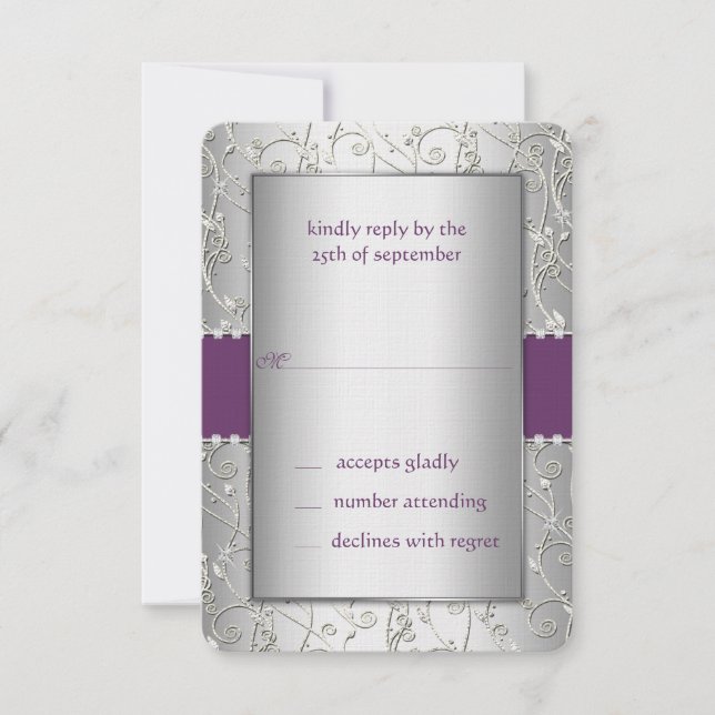 Monogram Purple and Silver Swirl Wedding RSVP Card (Front)