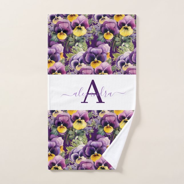 Monogram Purple and White Pansy Pansies Towel Set (Hand Towel)