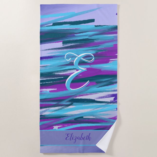 Monogram Purple, Aqua, Teal & Green Abstract Art  Beach Towel (Front)