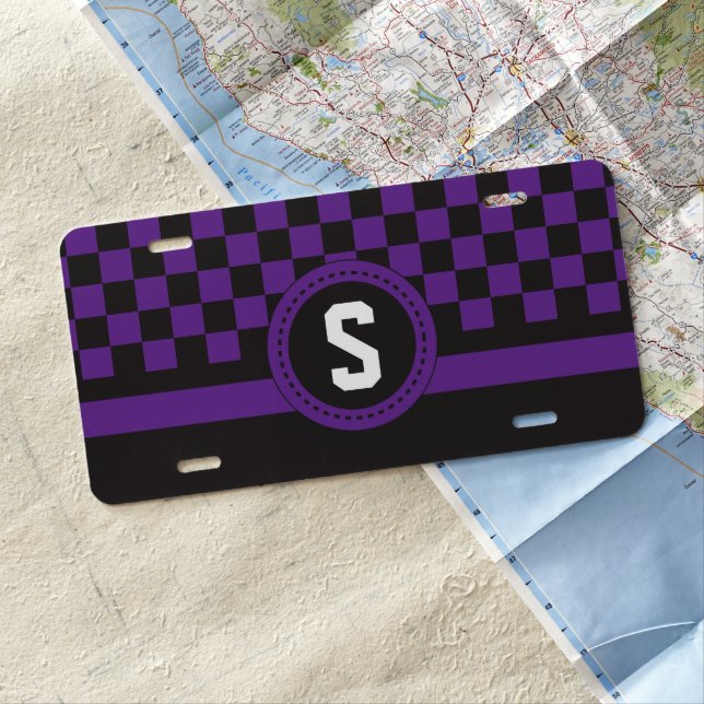 Monogram - Purple & Black Racing Stripes & Checks License Plate (In Situ)