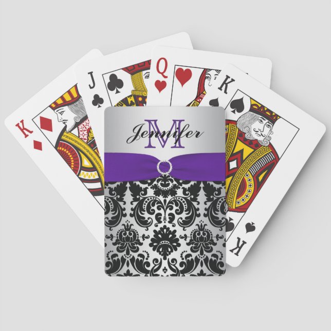 Monogram Purple Black Silver Damask Playing Cards (Back)