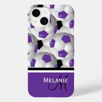 Monogram Purple Black Soccer Ball Pattern Case-mate Iphone 14 Case by giftsbonanza at Zazzle
