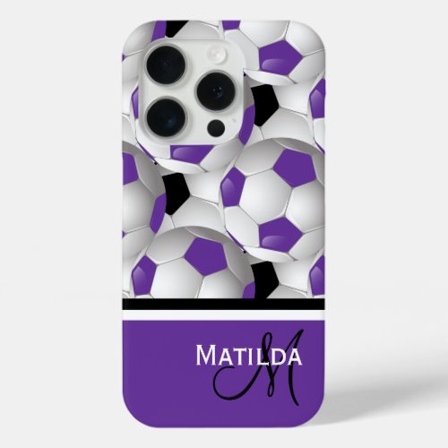 Monogram Purple Black Soccer Ball Pattern iPhone 15 Pro Case