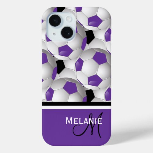 Monogram Purple Black Soccer Ball Pattern iPhone 15 Case