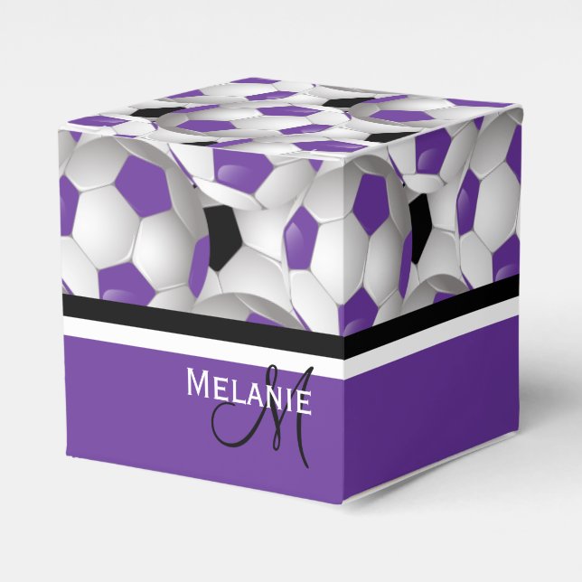 Monogram Purple Black Soccer Ball Pattern Favor Boxes (Front Side)