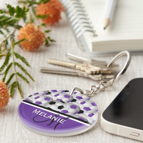 Monogram Purple Black Soccer Ball Pattern Keychain