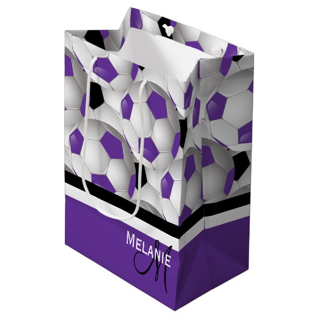 Monogram Purple Black Soccer Ball Pattern Medium Gift Bag (Front Angled)