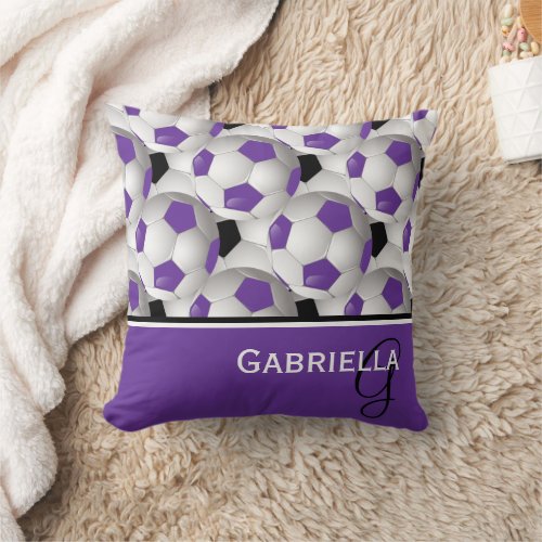 Monogram Purple Black Soccer Ball Pattern Throw Pillow