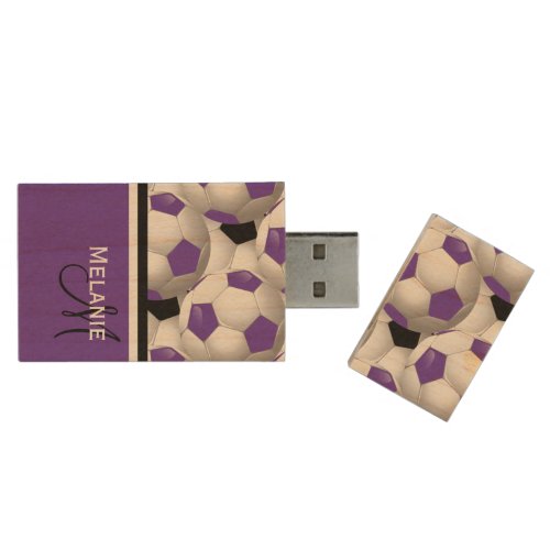 Monogram Purple Black Soccer Ball Pattern Wood USB Flash Drive