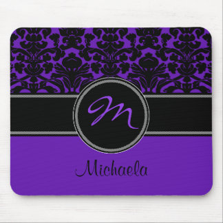 Monogram Purple Black White Damask Mousepad