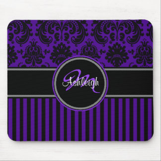 Monogram Purple Black White Stripe Damask Mousepad
