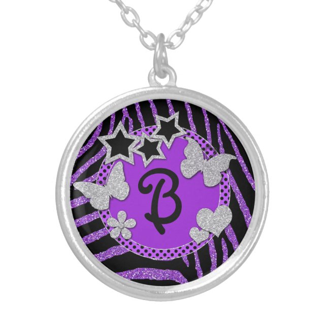 Monogram Purple Black Zebra Glitter Necklace (Front)
