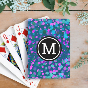 Monogram purple blue confetti dots on teal modern poker cards