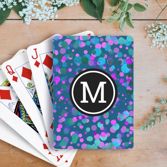 Monogram purple blue confetti dots on teal modern poker cards (Creator Uploaded)
