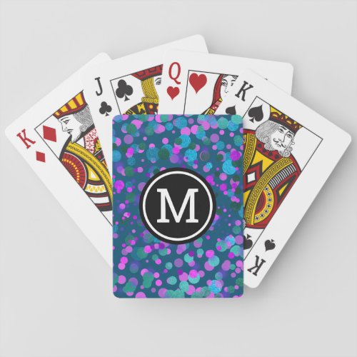 Monogram purple blue confetti dots on teal modern poker cards