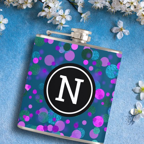 Monogram purple blue glitter confetti dots on teal flask