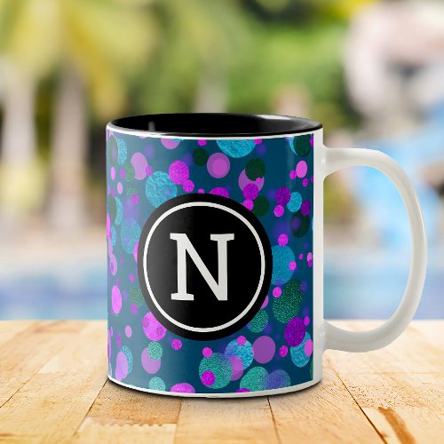 Monogram purple blue glitter confetti dots on teal Two_Tone coffee mug