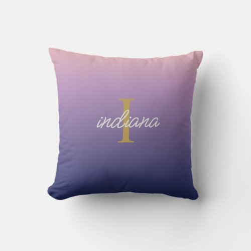 Monogram Purple Blue Ombre Stylish Script Name Throw Pillow