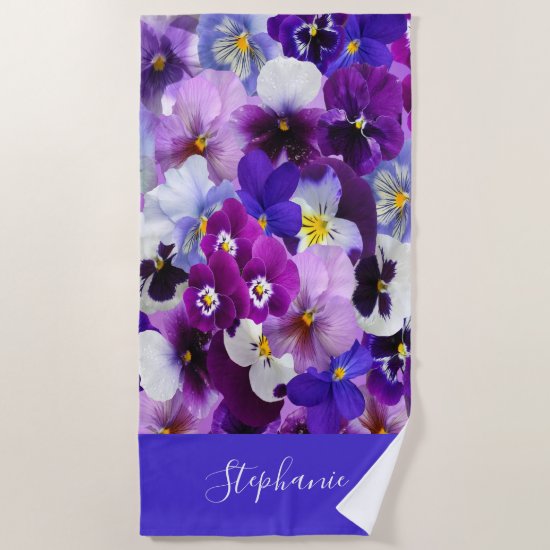 Monogram Purple Blue White Floral Pansy Flowers  Beach Towel