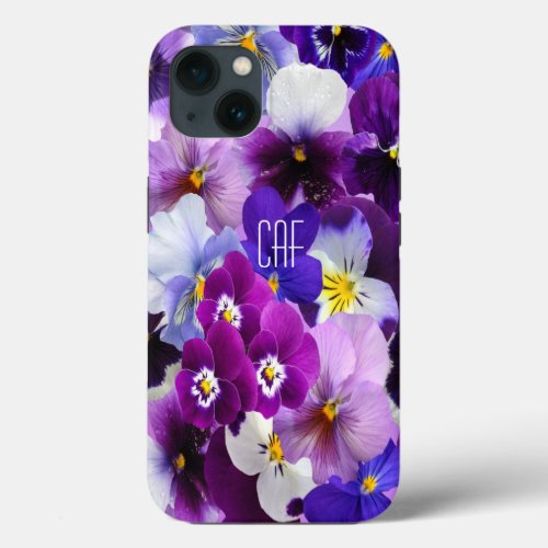 Monogram Purple Blue White Pansy Floral iPhone 13 Case