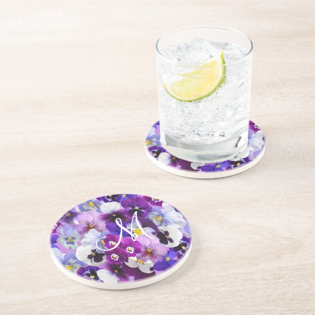 Monogram Purple Blue White Pansy Floral Flowers  Coaster (Side)