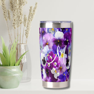 Monogram Purple Blue White Pansy Floral Flowers Insulated Tumbler