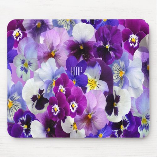 Monogram Purple Blue White Pansy Floral Flowers Mouse Pad