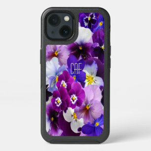 Monogram Purple Blue White Pansy Floral Otterbox iPhone 13 Case