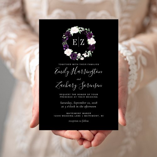 Monogram Purple Blush Floral Black Wedding Invitation