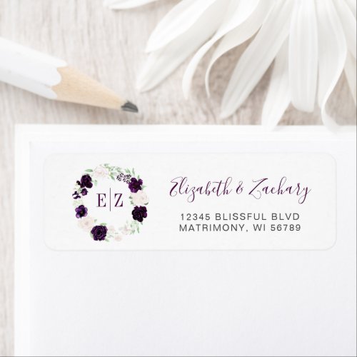 Monogram Purple Blush Floral Wreath Return Address Label