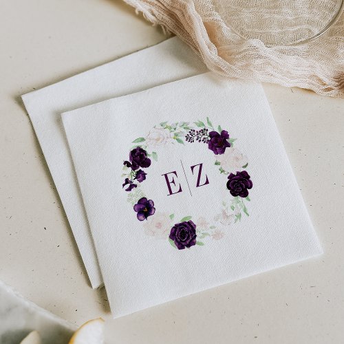 Monogram Purple Blush Floral Wreath Wedding Napkins