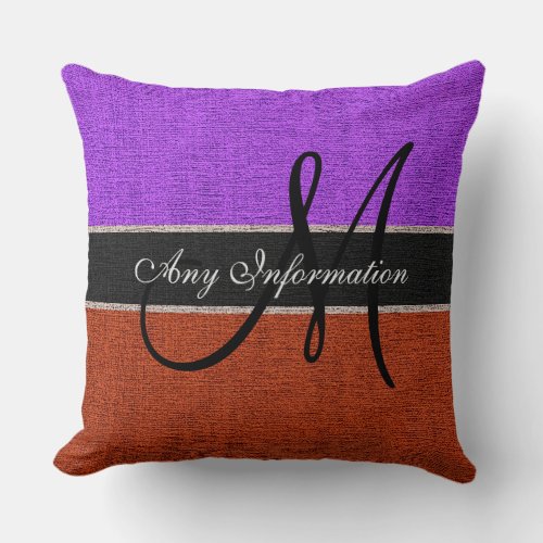 Monogram Purple  Brown Burlap Rustic Jute Throw Pillow