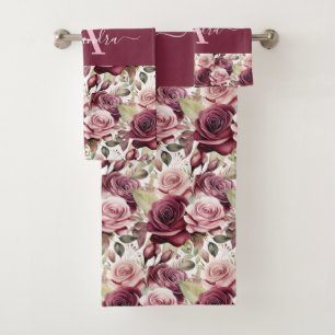 Monogram Purple Burgundy Pink Roses Towel Set