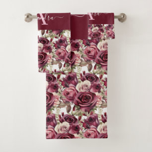 Monogram Purple Burgundy Pink Roses Towel Set