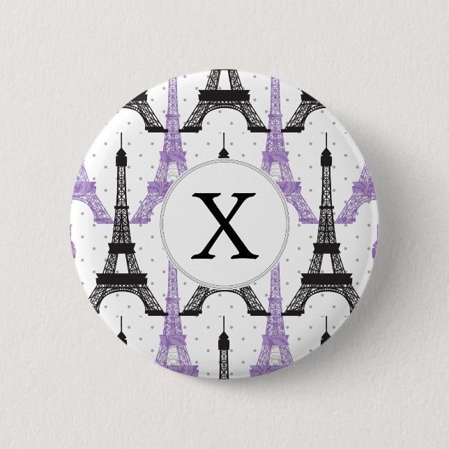 Monogram Purple Chic Eiffel Tower Pattern Button (Front)