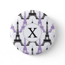 Monogram Purple Chic Eiffel Tower Pattern Button