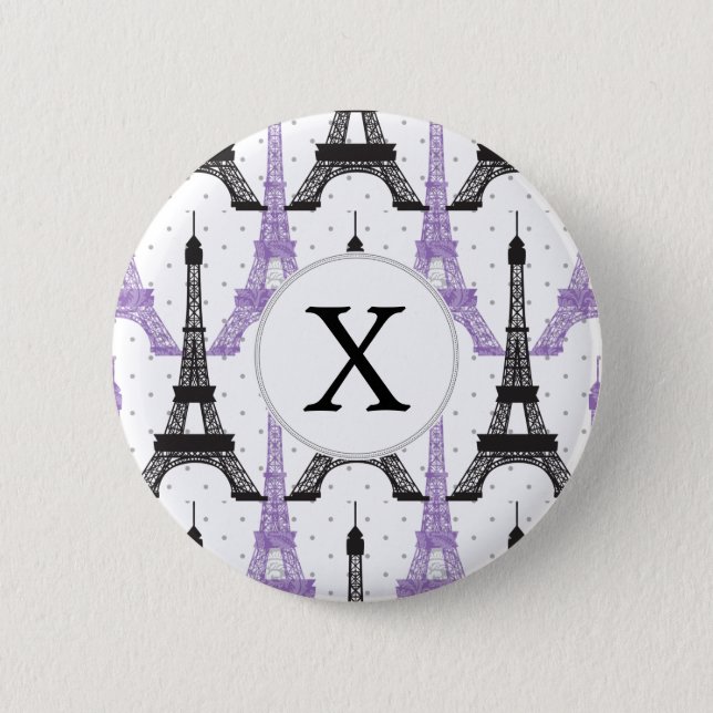 Monogram Purple Chic Eiffel Tower Pattern Button (Front)