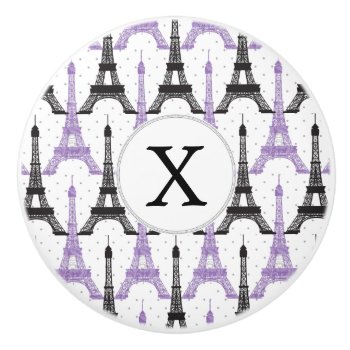 Monogram Purple Chic Eiffel Tower Pattern Ceramic Knob by MonogramBoutique at Zazzle