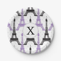 Monogram Purple Chic Eiffel Tower Pattern Paper Plates