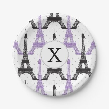 Monogram Purple Chic Eiffel Tower Pattern Paper Plates by MonogramBoutique at Zazzle