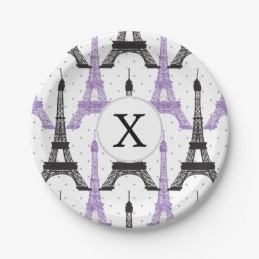 Monogram Purple Chic Eiffel Tower Pattern Paper Plates