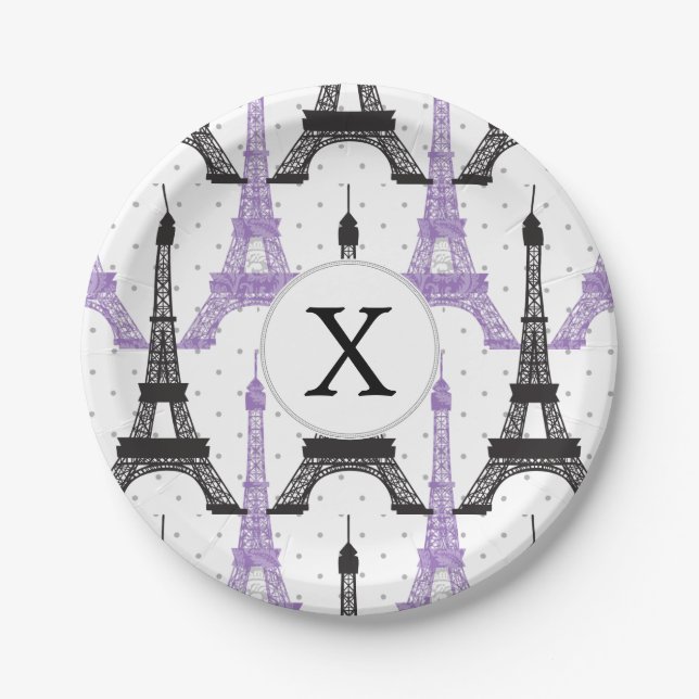 Monogram Purple Chic Eiffel Tower Pattern Paper Plates (Front)