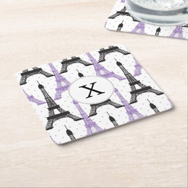 Monogram Purple Chic Eiffel Tower Pattern Square Paper Coaster