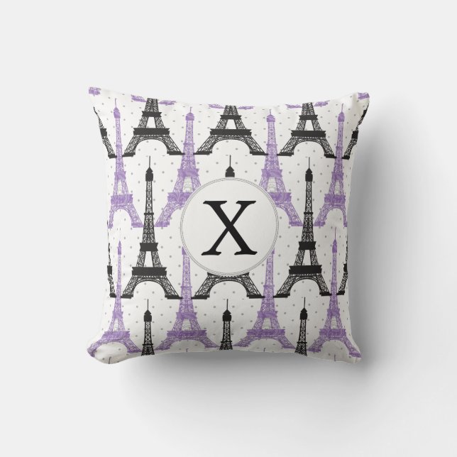 Monogram Purple Chic Eiffel Tower Pattern Throw Pillow (Front)