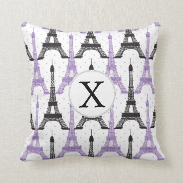 Monogram Purple Chic Eiffel Tower Pattern Throw Pillow