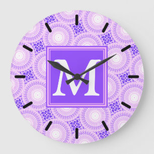monogram purple circles pattern large clock