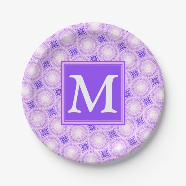 Monogram purple circles pattern paper plates (Front)